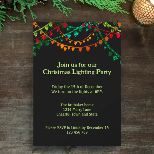 Personalized Colorful Christmas Lighting Party  Invitation (Personalize this template to create a unique colorful Christmas tree lighting party invitation. )