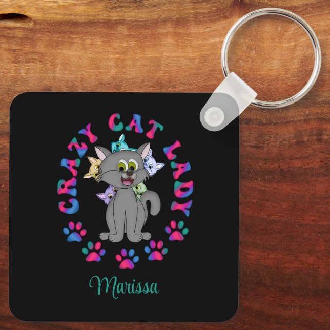 Personalized Colorful Crazy Cat Lady Keychain (Back)