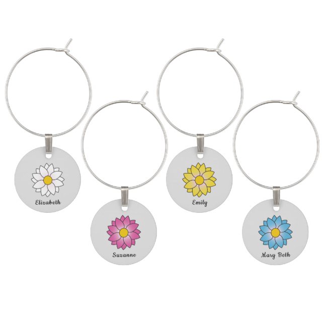 Personalized Colorful Daisies on Grey Wine Charm (Staggered)