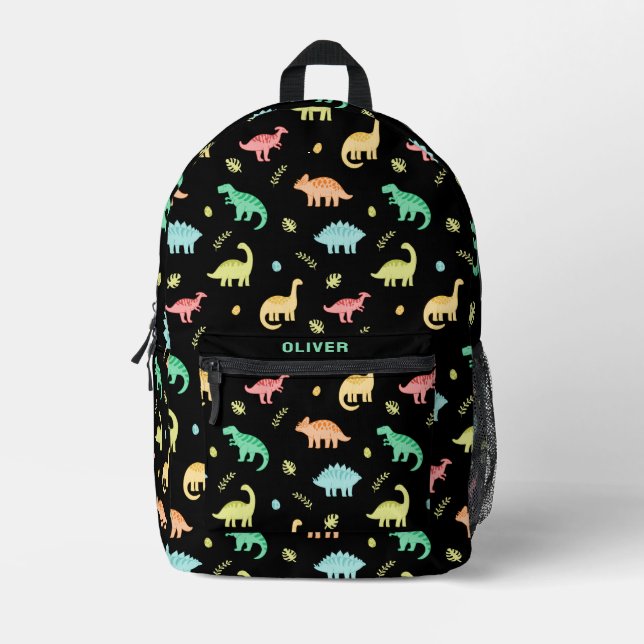 Personalized Colorful Dinosaur Dino Pattern Black Printed Backpack (Front)