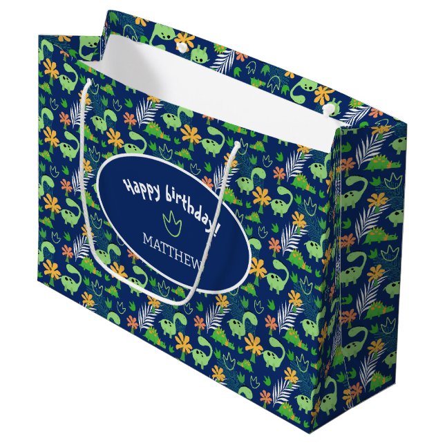Personalized Colorful Dinosaur Pattern  Large Gift Bag (Front Angled)