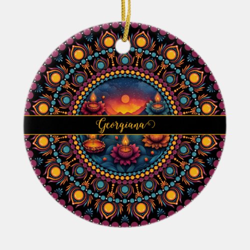 Personalized Colorful Diwali Festival Mandala Ceramic Ornament