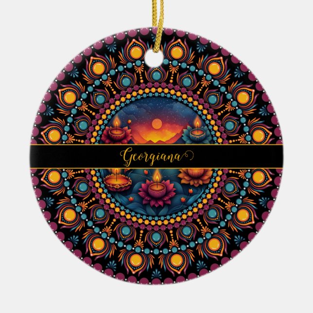 Personalized Colorful Diwali Festival Mandala Ceramic Ornament (Front)