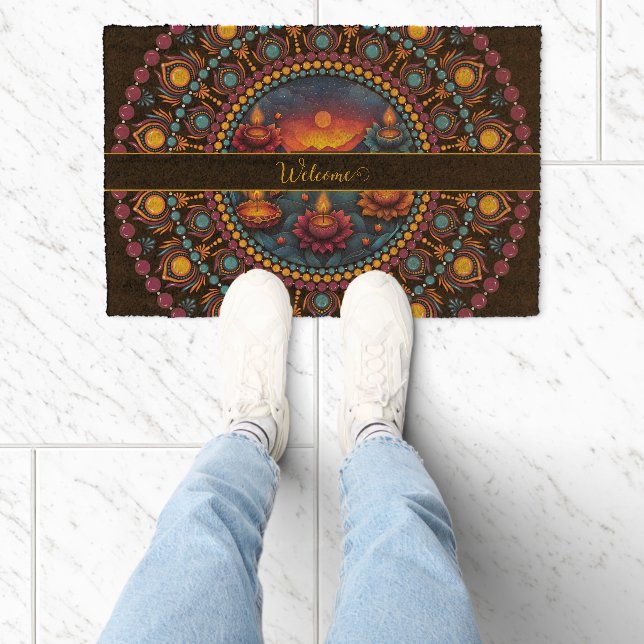 Personalized Colorful Diwali Festival Mandala Fiber Doormat (Insitu)