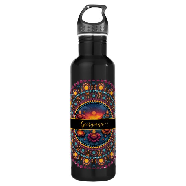 Personalized Colorful Diwali Festival Mandala Stainless Steel Water Bottle (Front)