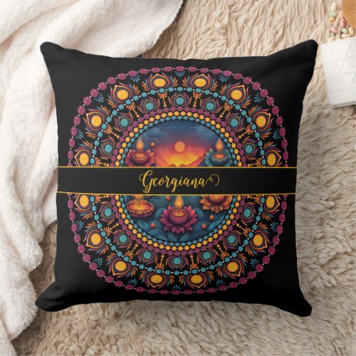Personalized Colorful Diwali Festival Mandala Throw Pillow