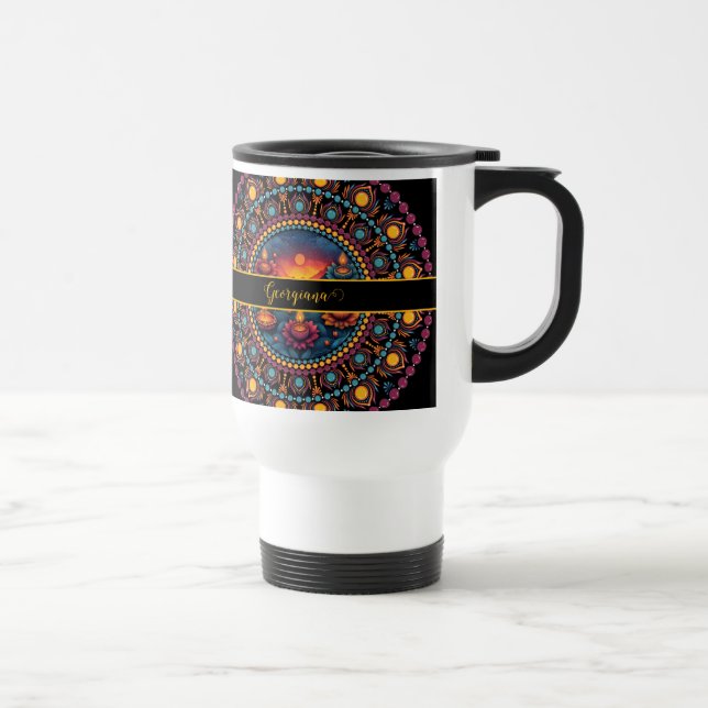 Personalized Colorful Diwali Festival Mandala Travel Mug (Right)