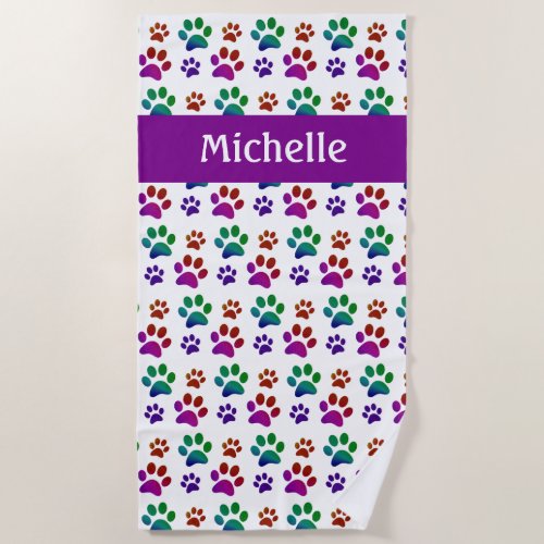Personalized Colorful  Dog Paw Print Beach Towel