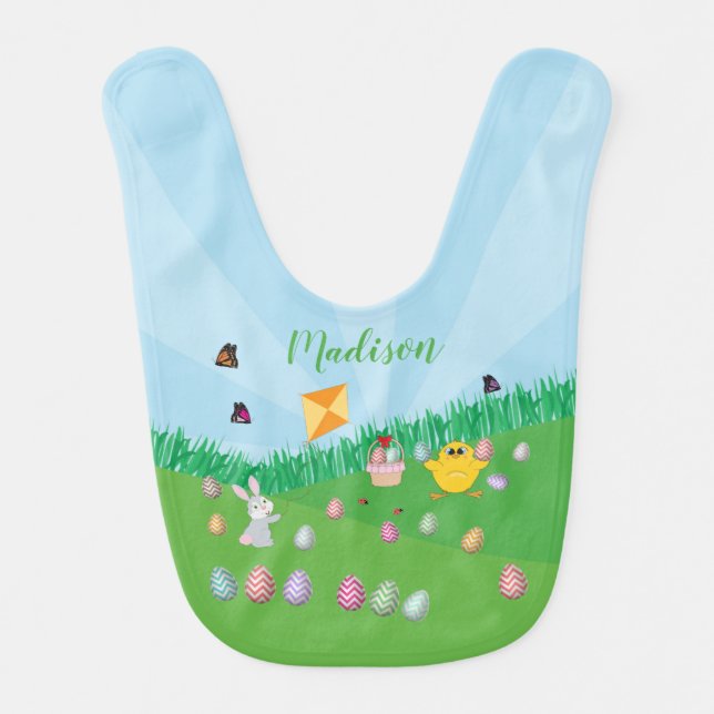 Personalized Colorful Easter Egg Hunt Bunny Chick  Baby Bib (Front)