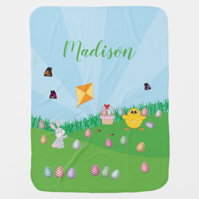Personalized Colorful Easter Egg Hunt Bunny Chick Baby Blanket (Front)