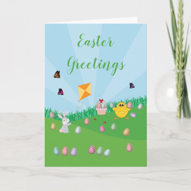 Personalized Colorful Easter Egg Hunt Bunny Chick  Holiday Card (Front)
