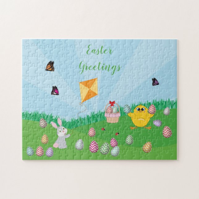 Personalized Colorful Easter Egg Hunt Bunny Chick Jigsaw Puzzle (Horizontal)