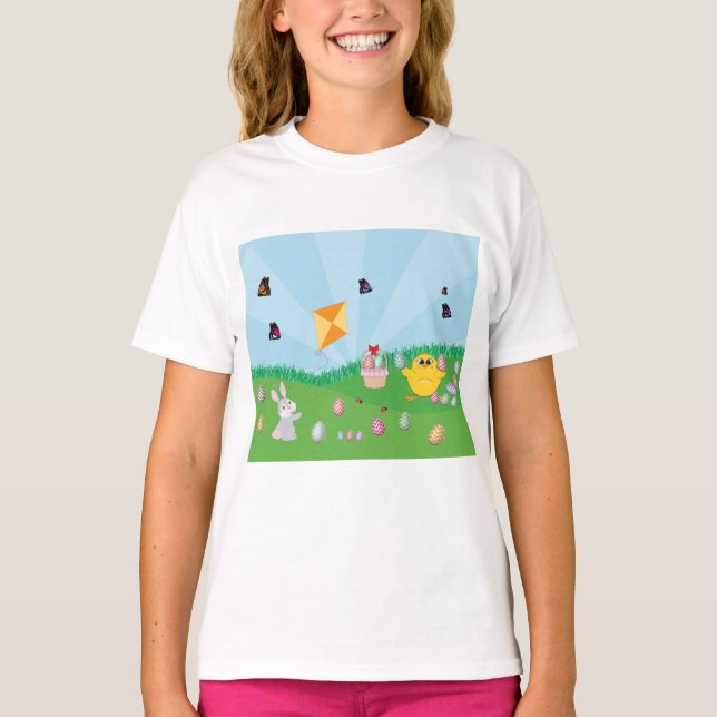 Personalized Colorful Easter Egg Hunt Bunny Chick T-Shirt (Front)