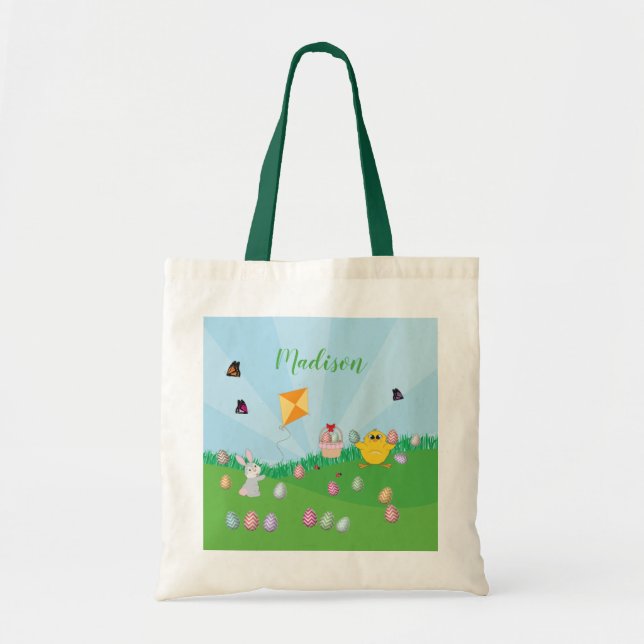 Personalized Colorful Easter Egg Hunt Bunny Chick Tote Bag (Front)