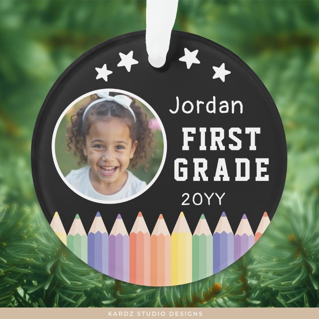 Personalized Colorful First Grade Keepsake Photo Ornament (Add your favorite photo, edit name, grade, and year.)
