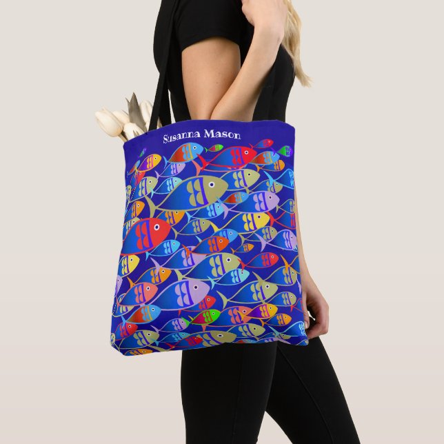 Personalized Colorful Fish Custom Text Tote Bag (Close Up)