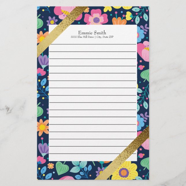 Personalized Colorful Floral and Gold Stationery (Front)