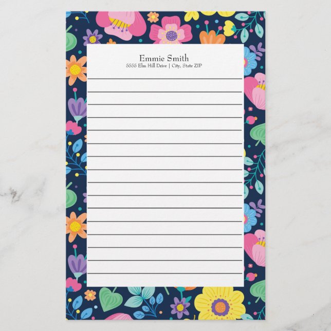 Personalized Colorful Floral Lined Stationery (Front)