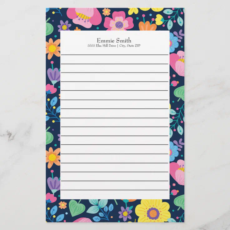 Personalized Colorful Floral Lined Stationery | Zazzle