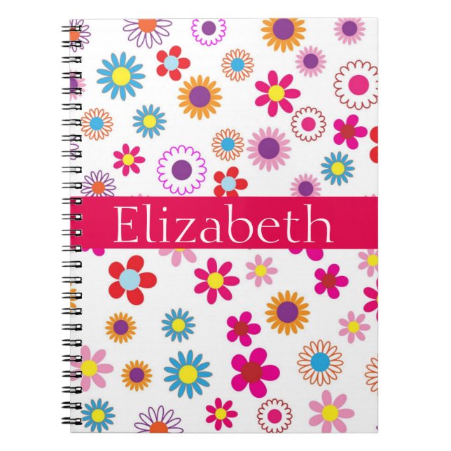 Personalized Colorful Floral Pattern Pink White Notebook (Front)