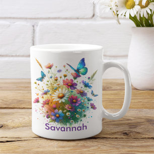 Personalized Colorful Flowers and Butterflies Coffee Mug