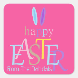 Personalized Colorful Fun Happy Easter Bunny Pink Square Sticker