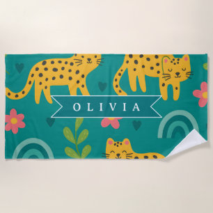 Personalized Colorful Fun Leopard Jungle Name Gift Beach Towel