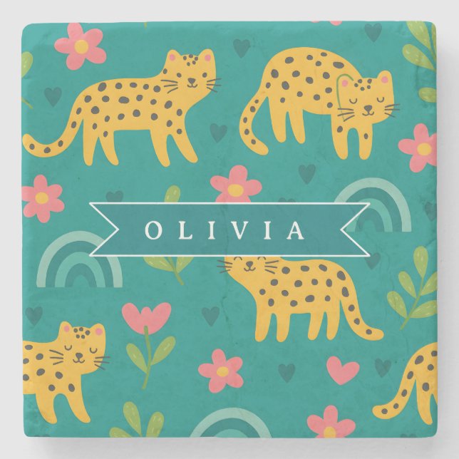 Personalized Colorful Fun Leopard Jungle Name Gift Stone Coaster (Front)