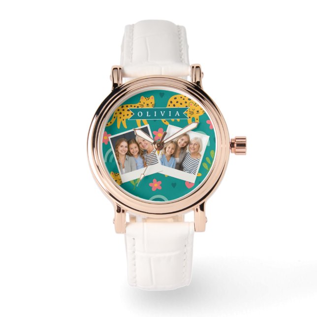 Personalized Colorful Fun Leopard Jungle Name Gift Watch (Front)