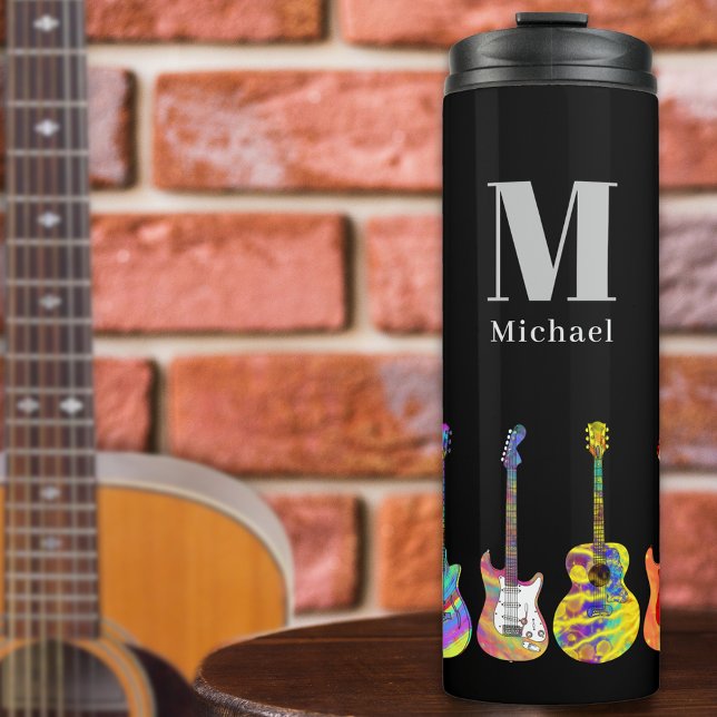 Personalized Colorful Guitar Pop Art Thermal Tumbler (Personalized music lovers psychedelic guitar pop art monogram travel tumbler for guitarists musician)