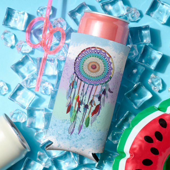 Personalized Colorful Hand Drawn Dreamcatcher  Seltzer Can Cooler (In Situ Summer)