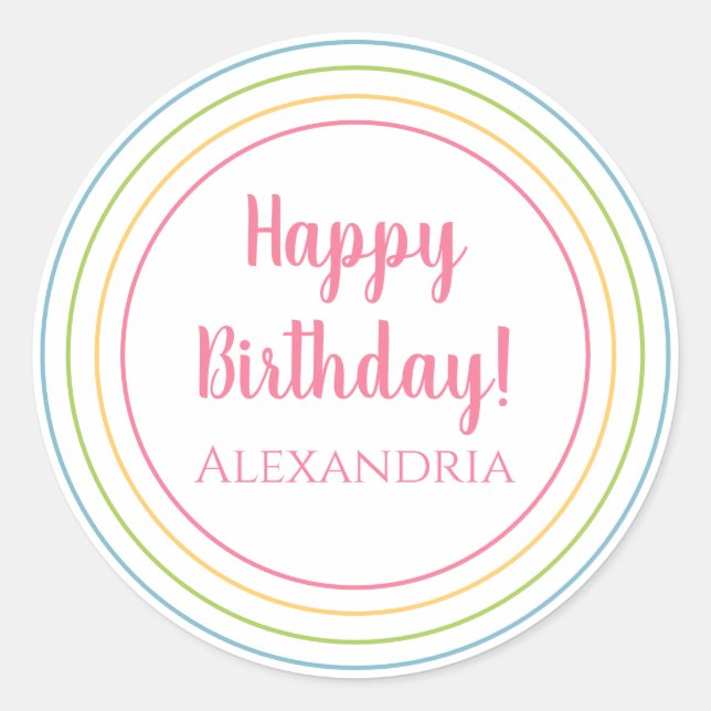 Personalized Colorful Happy Birthday Pastel Pink Classic Round Sticker (Front)