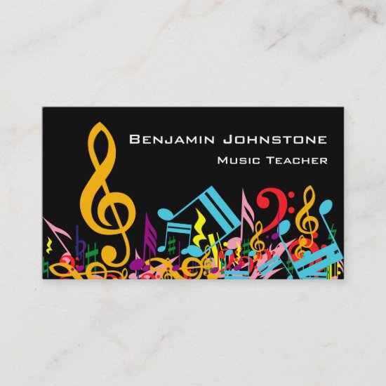 Personalized Colorful Jumbled Music Notes on Black Business Card