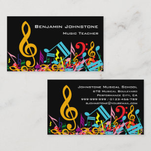 Personalized Colorful Jumbled Music Notes on Black Business Card