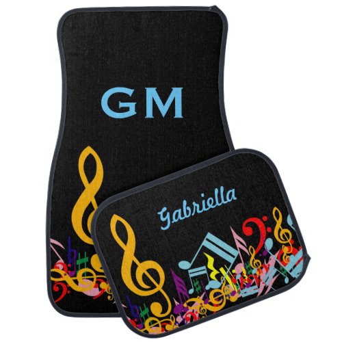 Personalized Colorful Jumbled Music Notes on Black Car Mat