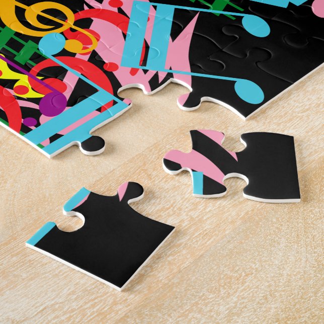 Personalized Colorful Jumbled Music Notes on Black Jigsaw Puzzle (Side)