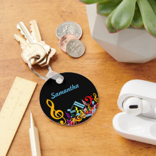 Personalized Colorful Jumbled Music Notes on Black Keychain