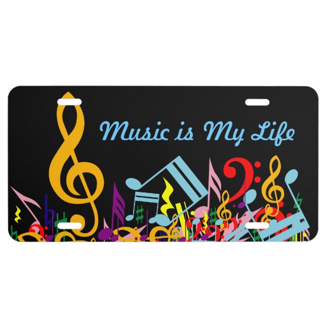 Personalized Colorful Jumbled Music Notes on Black License Plate (Front)