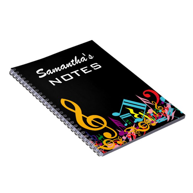 Personalized Colorful Jumbled Music Notes on Black Notebook (Right Side)