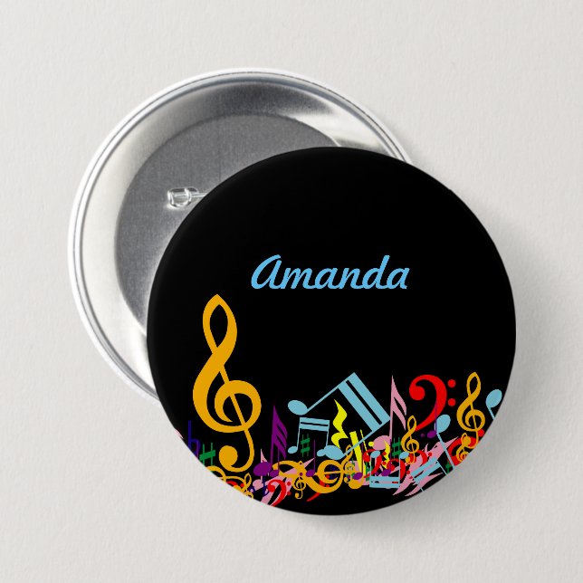Personalized Colorful Jumbled Music Notes on Black Pinback Button (Front & Back)