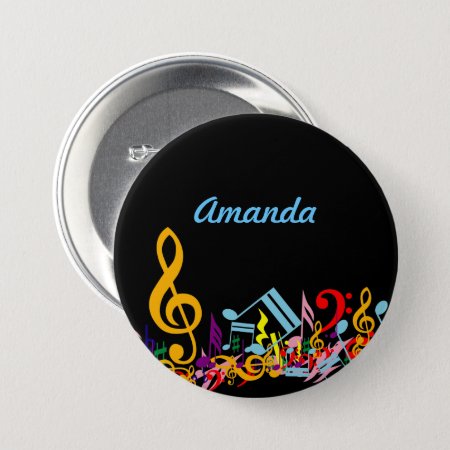 Personalized Colorful Jumbled Music Notes On Black Pinback Button