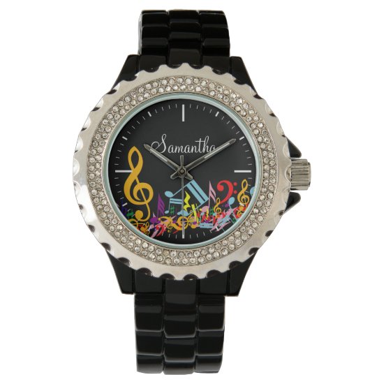 Personalized Colorful Jumbled Music Notes on Black Watch