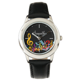 Personalized Colorful Jumbled Music Notes on Black Watch