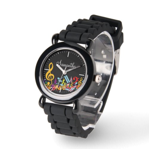 Personalized Colorful Jumbled Music Notes on Black Watch