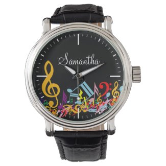 Personalized Colorful Jumbled Music Notes on Black Wristwatch