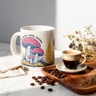 Personalized Colorful Mushroom Folk Art Linocut Giant Coffee Mug