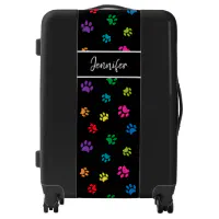 Personalized Colorful Paw Prints Pattern on Black Luggage Zazzle