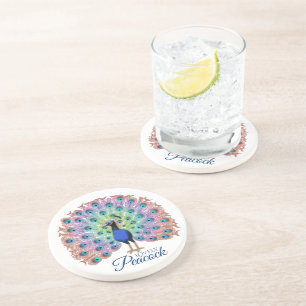 Personalized Colorful Peacock Illustration Coaster