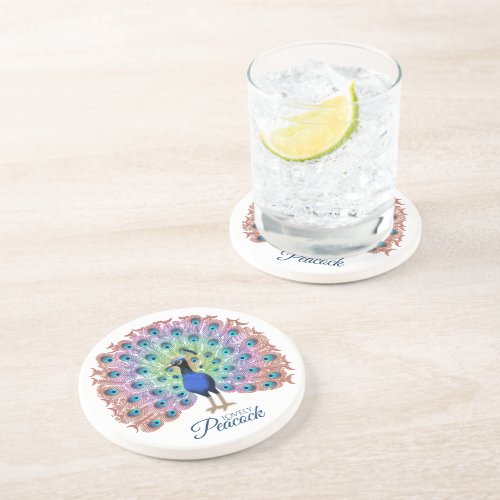 Personalized Colorful Peacock Illustration Coaster