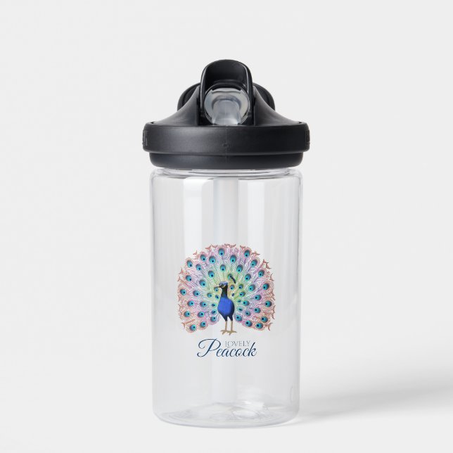 Personalized Colorful Peacock Illustration Water Bottle (Front)